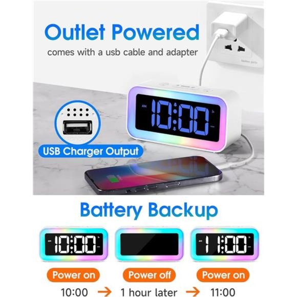 Loud Alarm Clock for Bedrooms with Dynamic RGB Night Light,Heavy Sleepers Adults - Picture 6 of 6